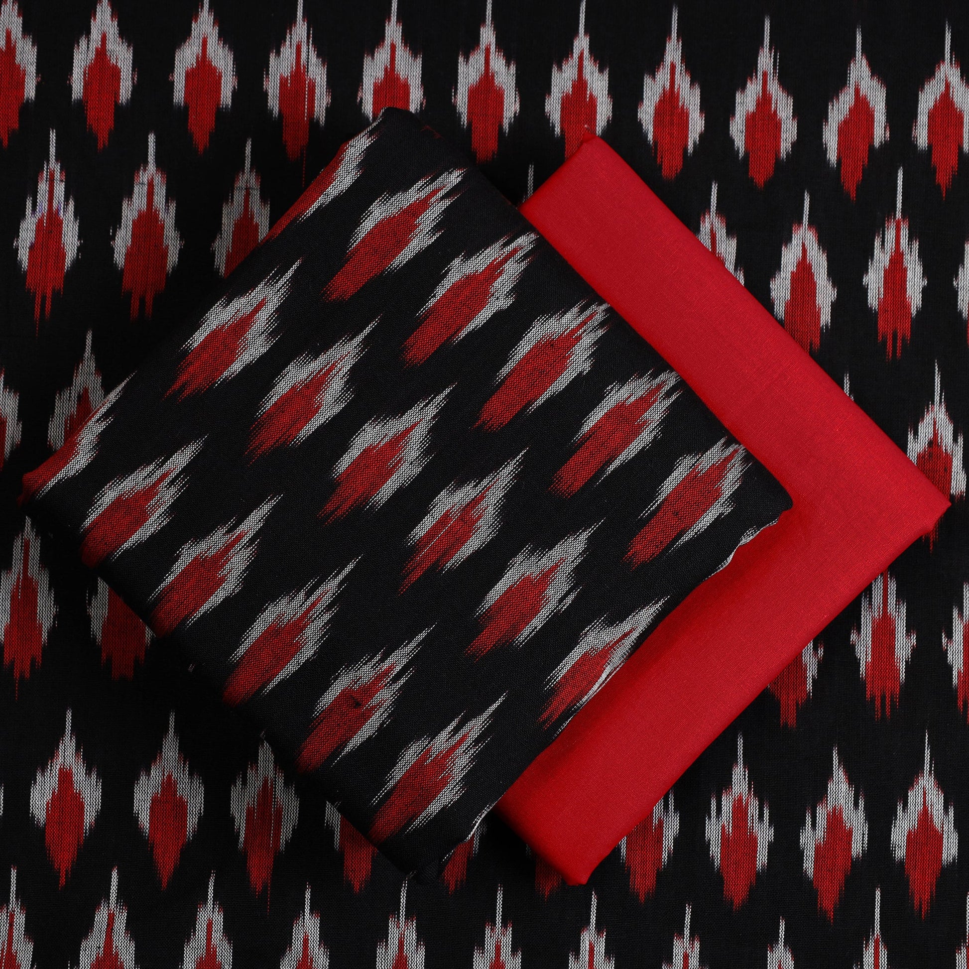 Black - Handloom Cotton 3pc Pochampally Ikat Dress Material 08