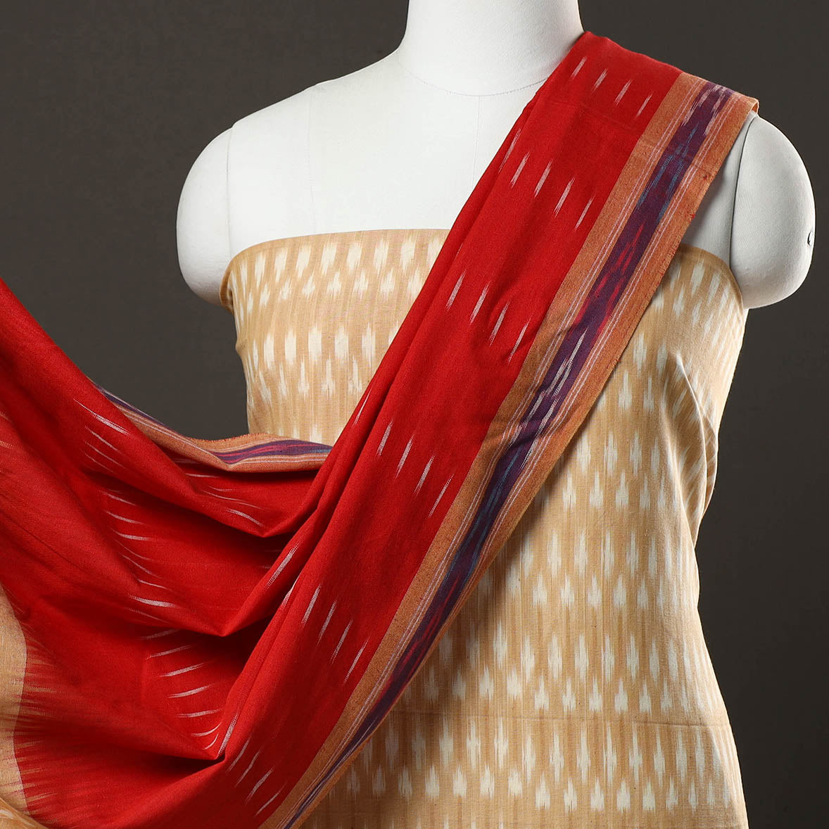 Beige - 3pc Pochampally Ikat Handloom Cotton Suit Material Set 14