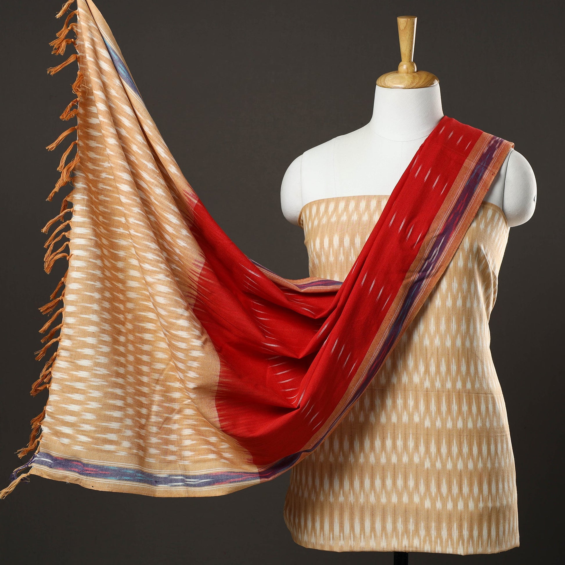 Beige - 3pc Pochampally Ikat Handloom Cotton Suit Material Set 14
