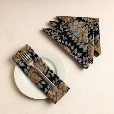 Black - Set of 4 - Hand Batik Printed Cotton Table Napkins (18 x 18 in)