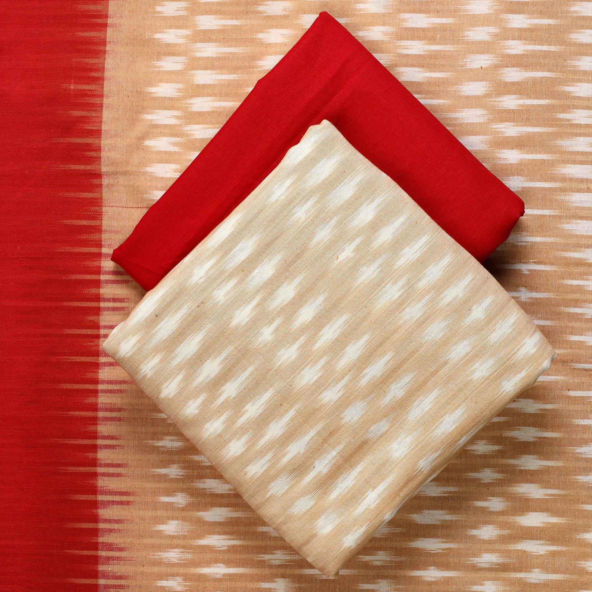 Beige - 3pc Pochampally Ikat Handloom Cotton Suit Material Set 14