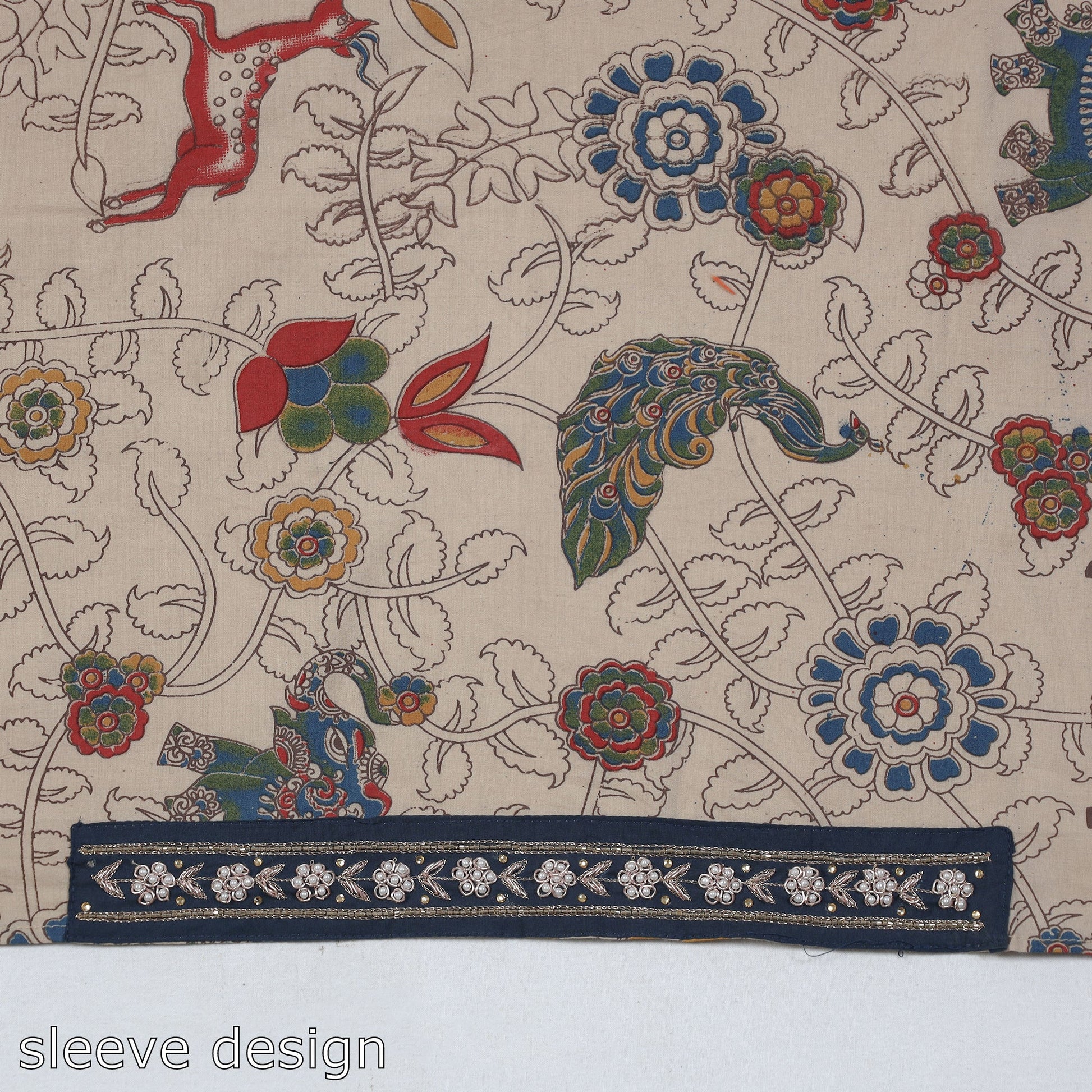 Beige - Zardozi Hand Embroidered Kalamkari Cotton Blouse Piece
