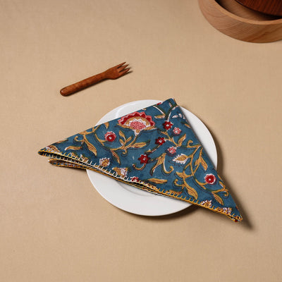 Blue - Floral Sanganeri Block Print Cotton Table Napkin 10