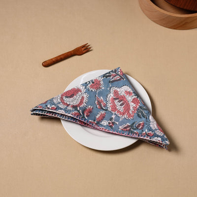 Blue - Floral Sanganeri Block Print Cotton Table Napkin 09