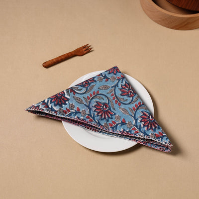 Blue - Floral Sanganeri Block Print Cotton Table Napkin 08