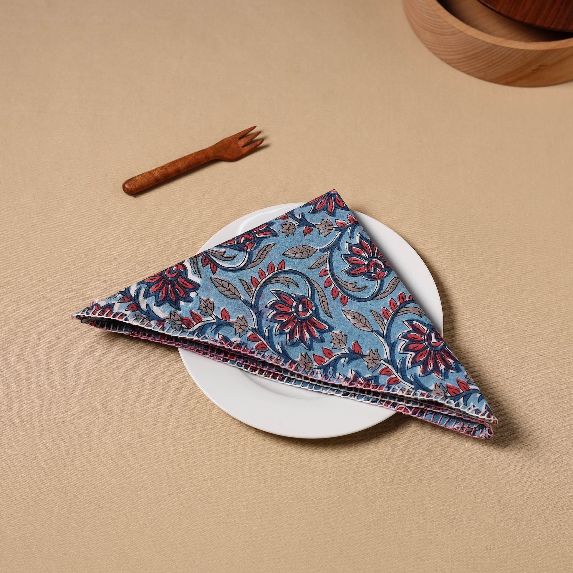 Blue - Floral Sanganeri Block Print Cotton Table Napkin 08