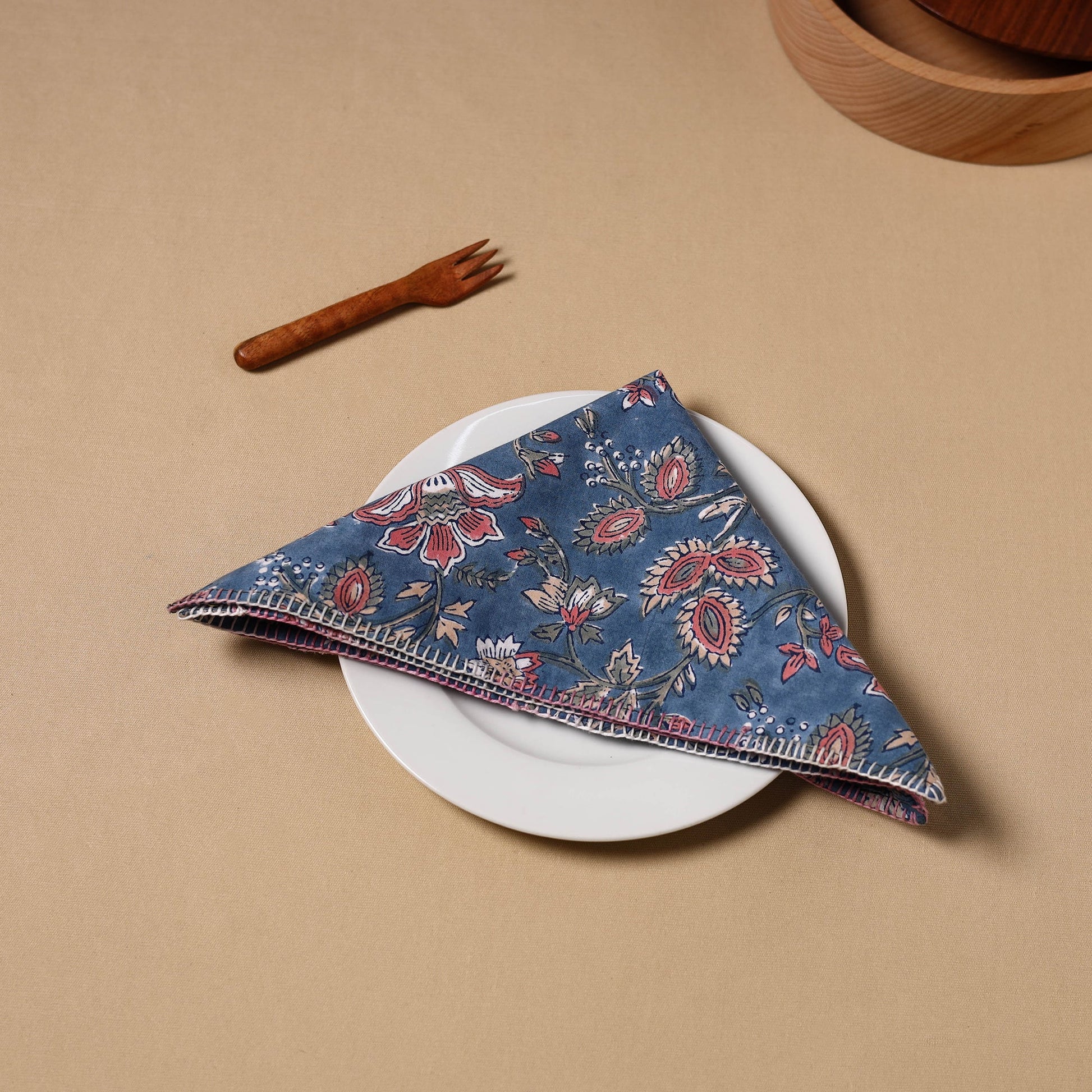 Blue - Floral Sanganeri Block Print Cotton Table Napkin 04
