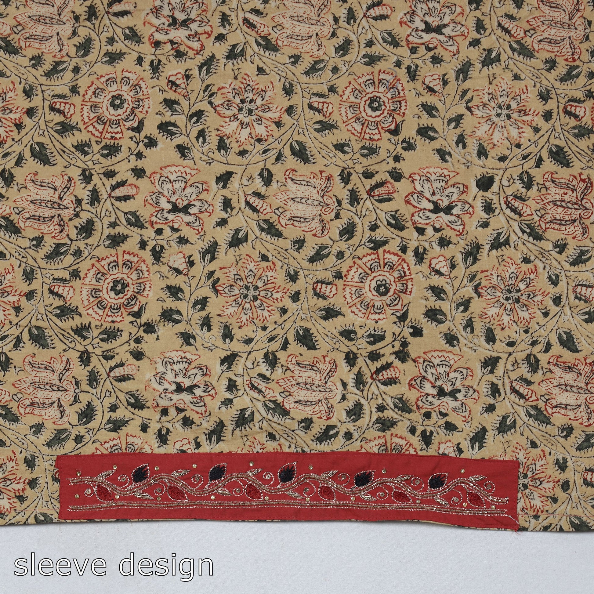 Beige - Zardozi Hand Embroidered Kalamkari Cotton Blouse Piece