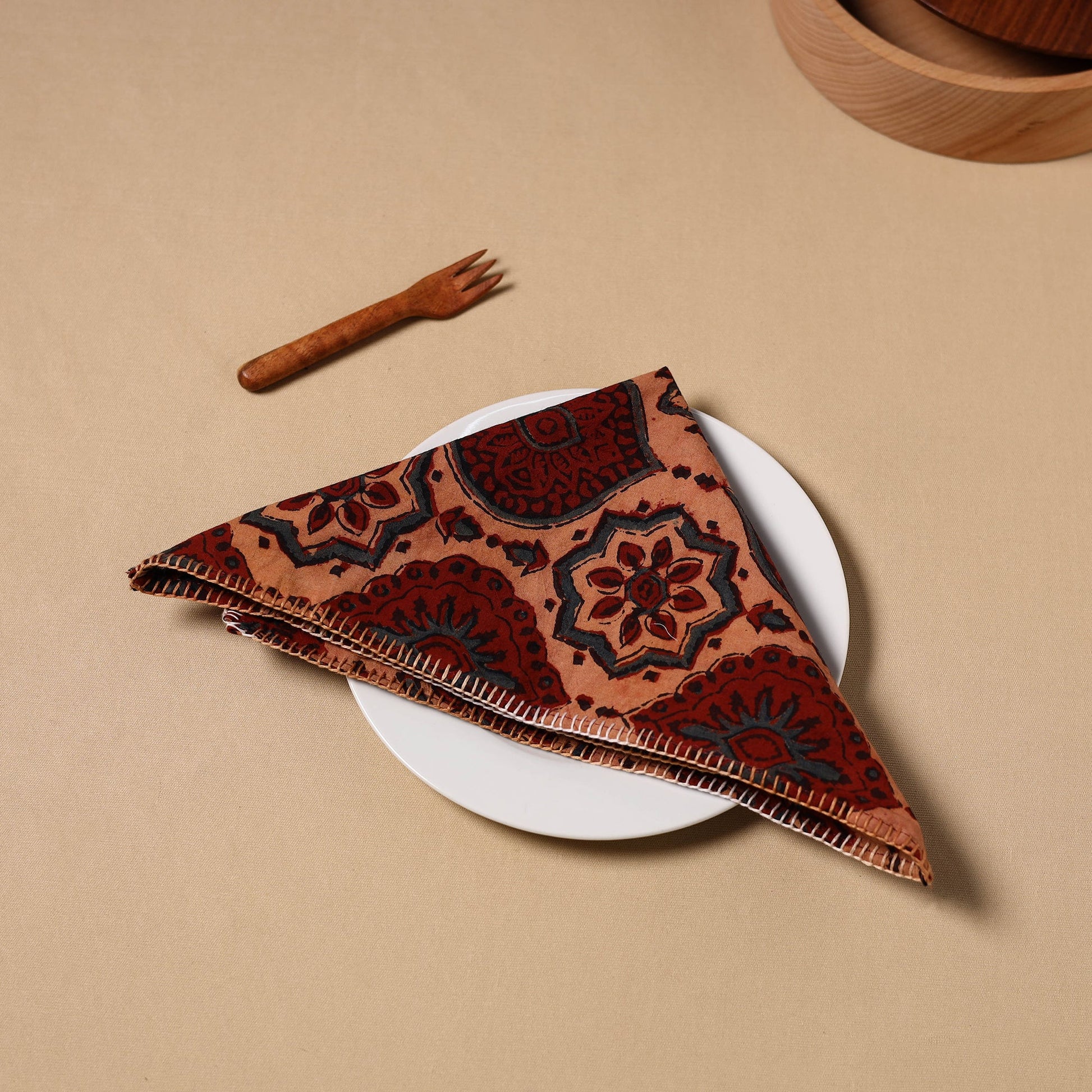 Brown - Floral Sanganeri Block Print Cotton Table Napkin 11