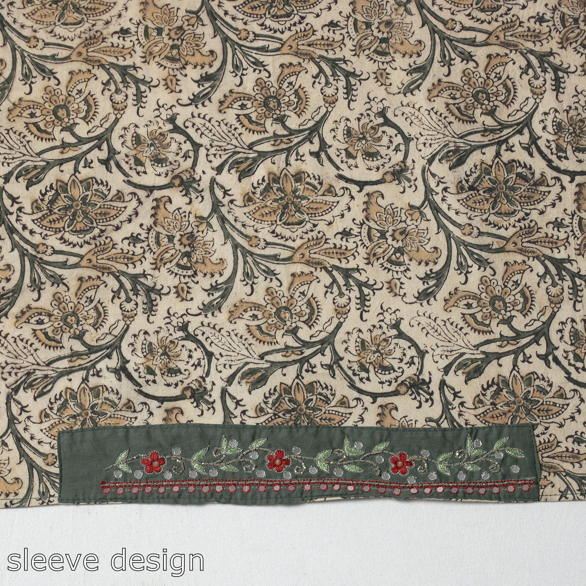 Beige - Zardozi Hand Embroidered Kalamkari Cotton Blouse Piece