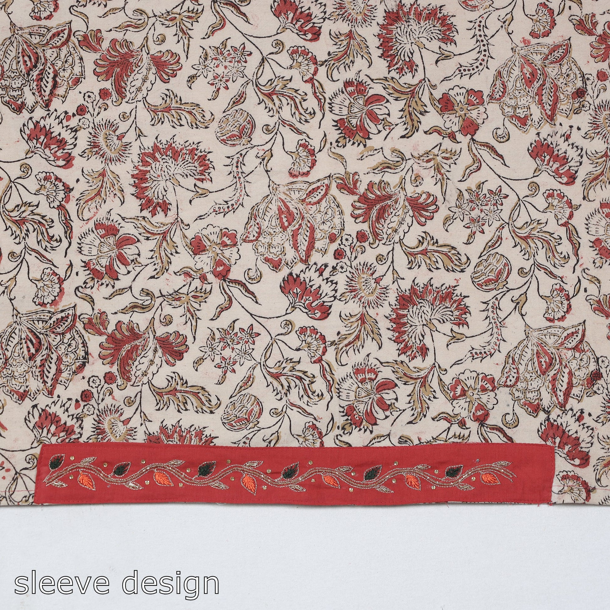 Beige - Zardozi Hand Embroidered Kalamkari Cotton Blouse Piece