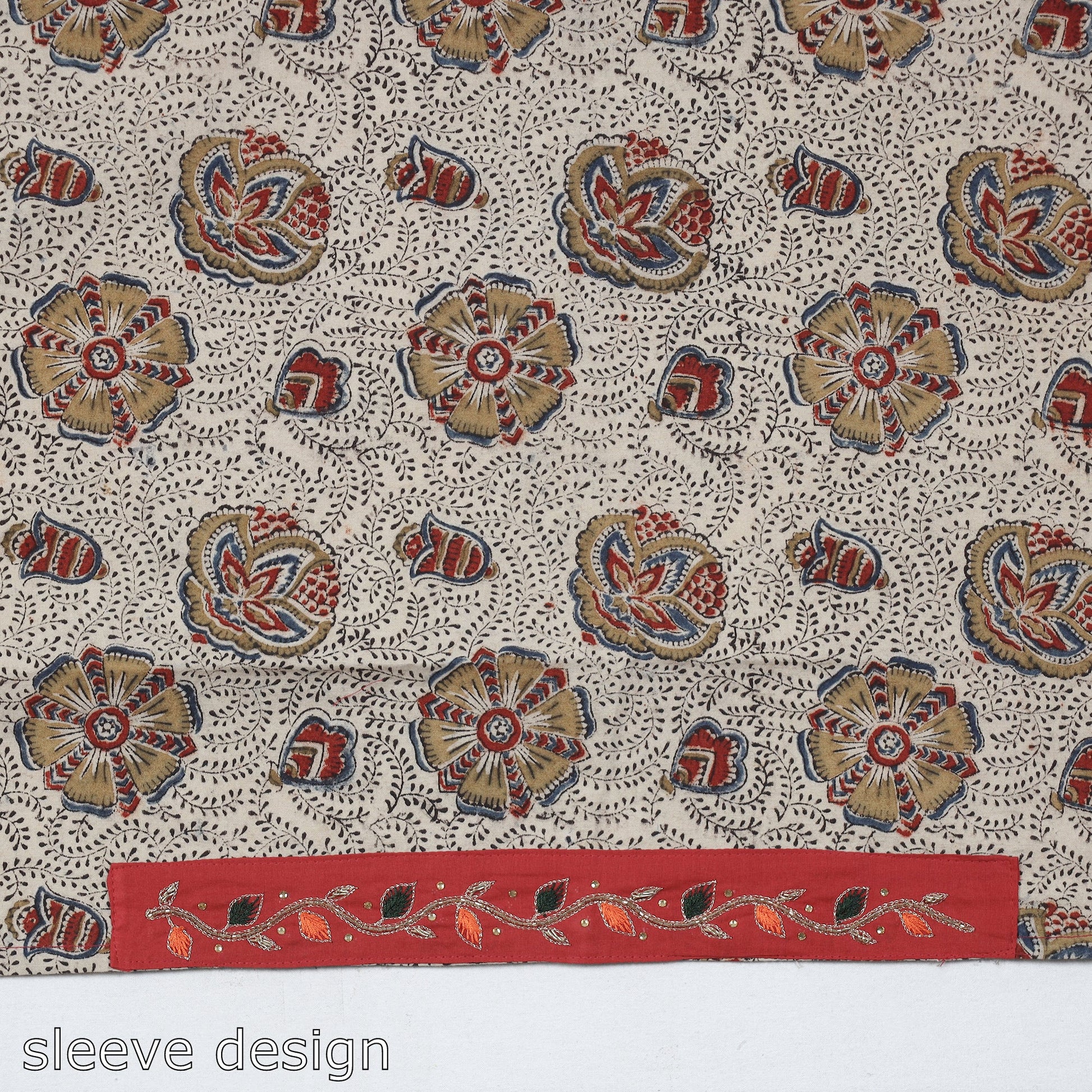 Beige - Zardozi Hand Embroidered Kalamkari Cotton Blouse Piece