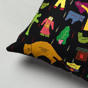 Black - Pipli Applique Work Cotton Cushion Cover (16 x 16 in)