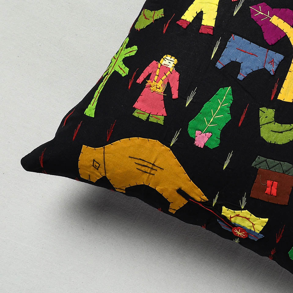 Black - Pipli Applique Work Cotton Cushion Cover (16 x 16 in)