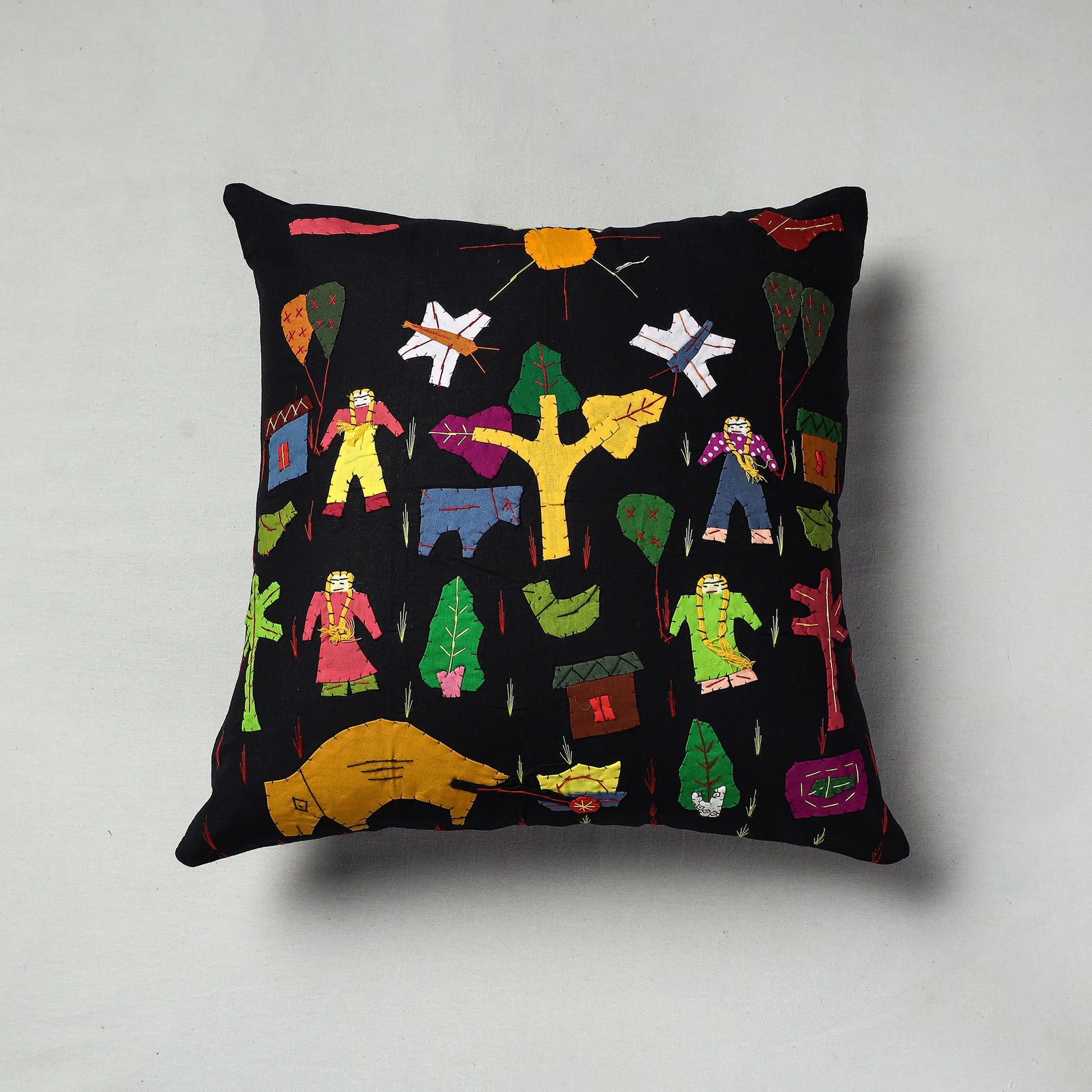 Black - Pipli Applique Work Cotton Cushion Cover (16 x 16 in)