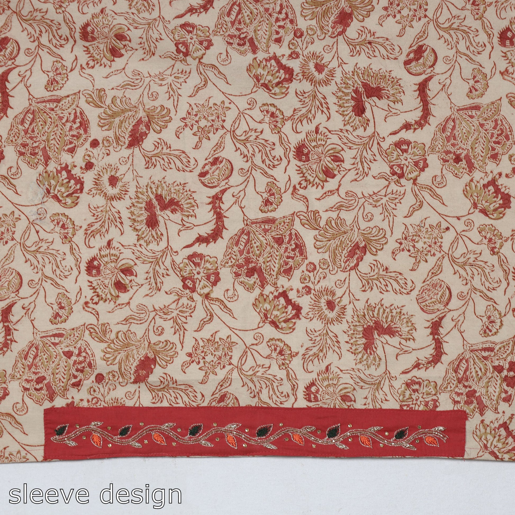 Beige - Zardozi Hand Embroidered Kalamkari Cotton Blouse Piece