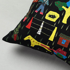 Black - Pipli Applique Work Cotton Cushion Cover (16 x 16 in)