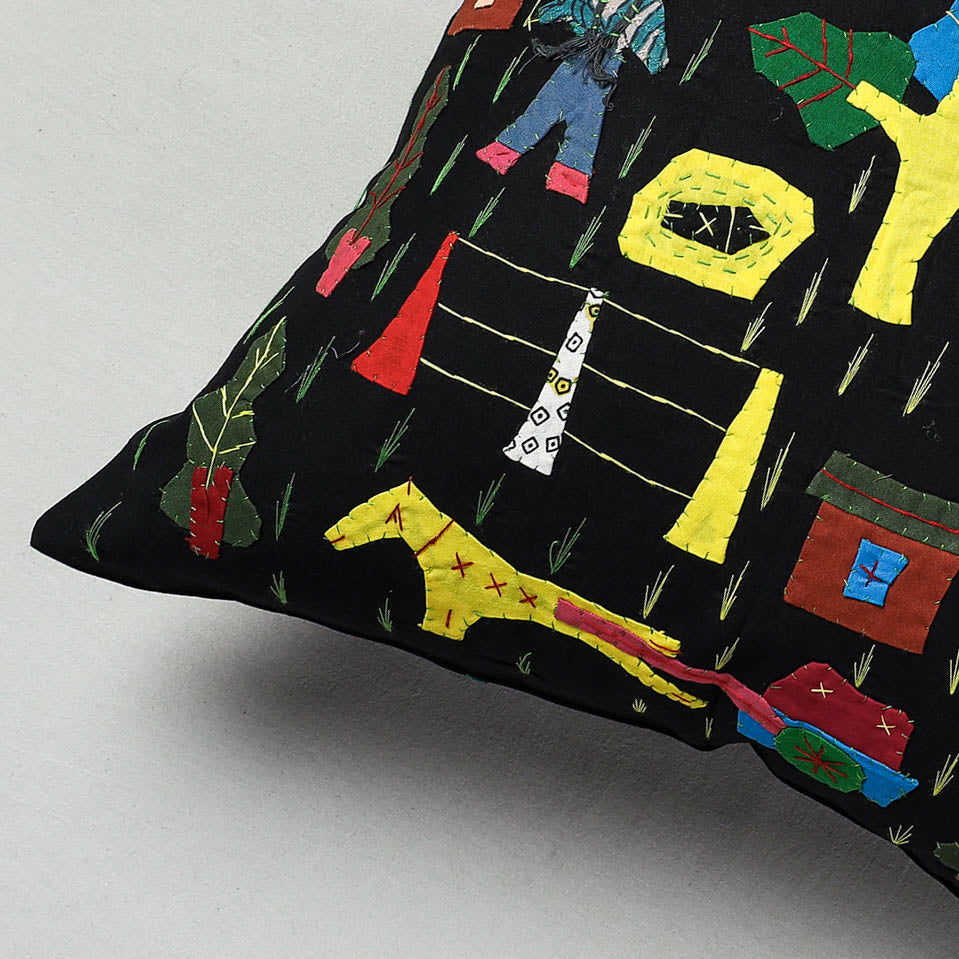 Black - Pipli Applique Work Cotton Cushion Cover (16 x 16 in)