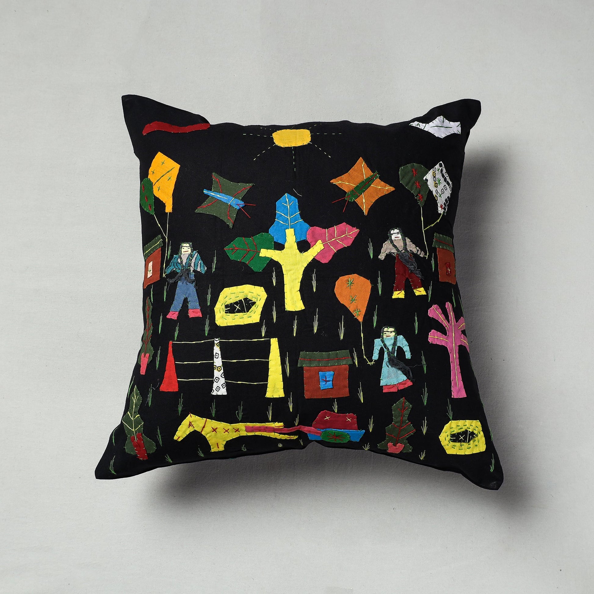 Black - Pipli Applique Work Cotton Cushion Cover (16 x 16 in)