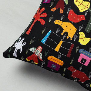 Black - Pipli Applique Work Cotton Cushion Cover (16 x 16 in)