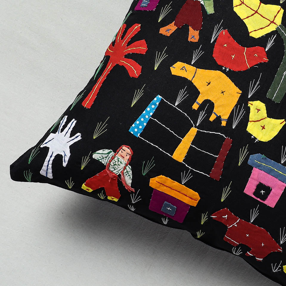 Black - Pipli Applique Work Cotton Cushion Cover (16 x 16 in)