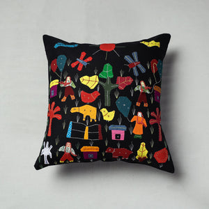 Black - Pipli Applique Work Cotton Cushion Cover (16 x 16 in)