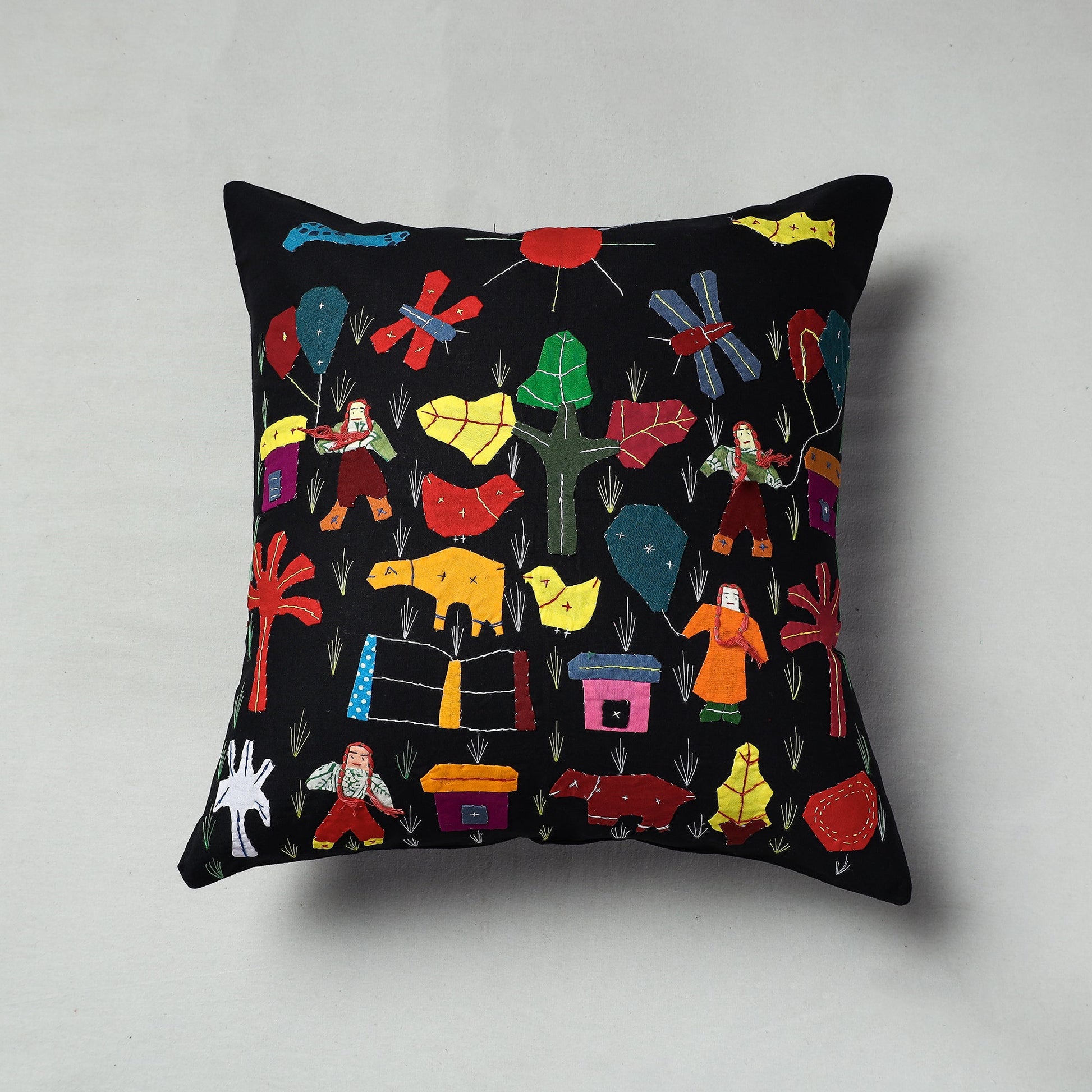 Black - Pipli Applique Work Cotton Cushion Cover (16 x 16 in)