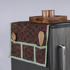 Brown - Ajrakh Block Printed Cotton Fridge Top Cover with Multiple Pockets