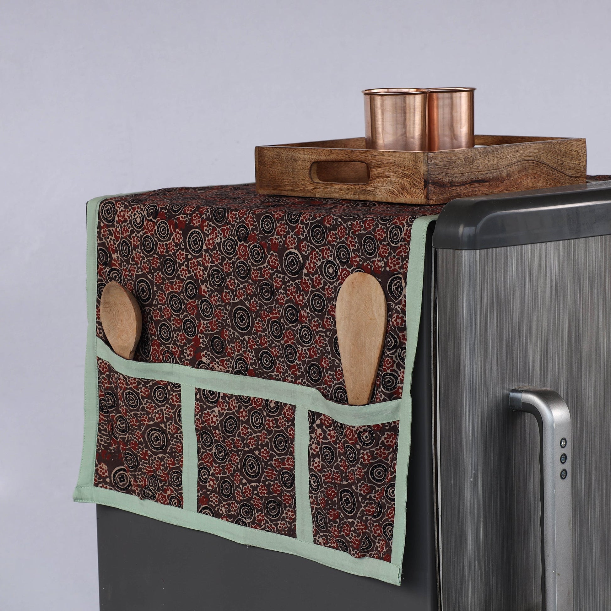 Brown - Ajrakh Block Printed Cotton Fridge Top Cover with Multiple Pockets
