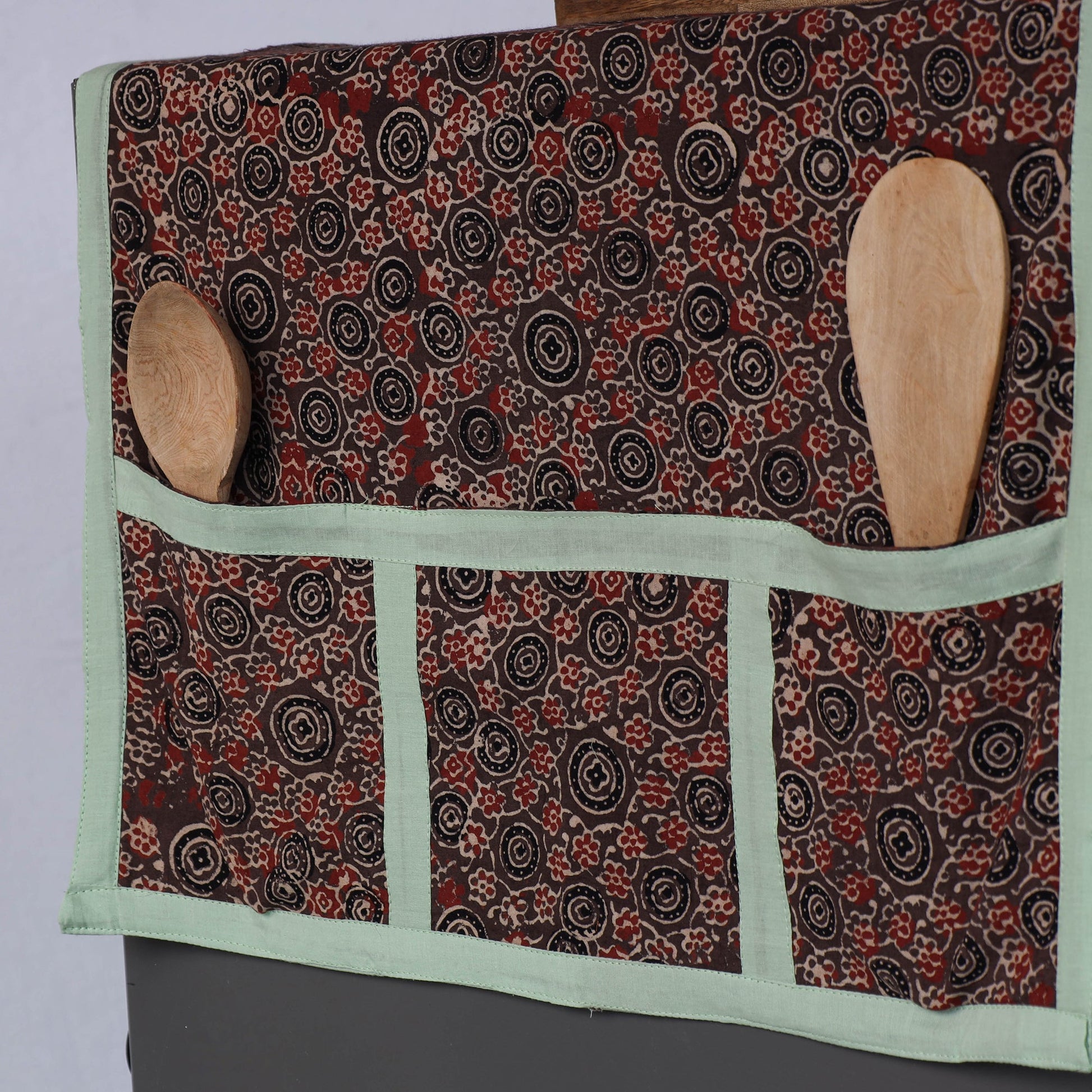 Brown - Ajrakh Block Printed Cotton Fridge Top Cover with Multiple Pockets