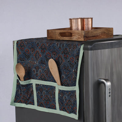 Blue - Ajrakh Block Printed Cotton Fridge Top Cover with Multiple Pockets