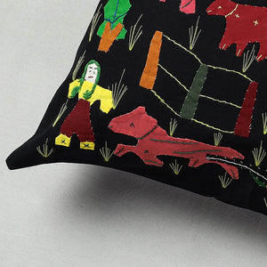 Black - Pipli Applique Work Cotton Cushion Cover (16 x 16 in)