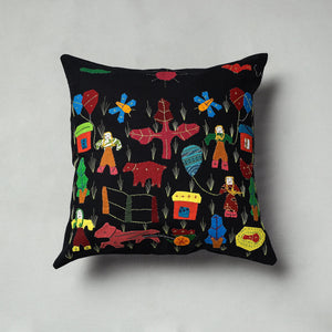 Black - Pipli Applique Work Cotton Cushion Cover (16 x 16 in)