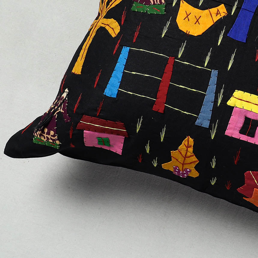 Black - Pipli Applique Work Cotton Cushion Cover (16 x 16 in)