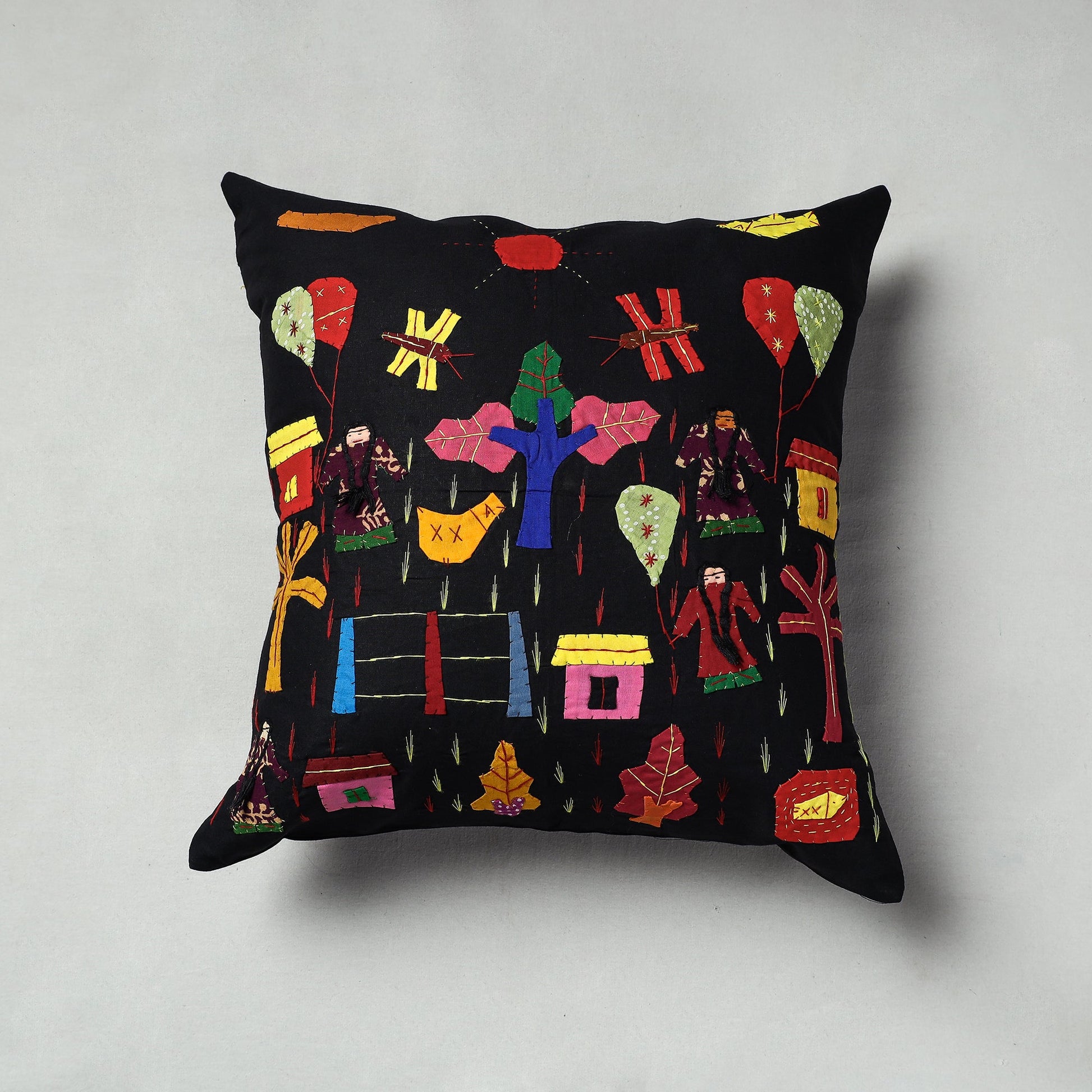 Black - Pipli Applique Work Cotton Cushion Cover (16 x 16 in)