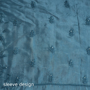 Blue - 3pc Hand Embroidery Dupion Silk Phulkari Dress Material 19