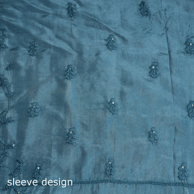 Blue - 3pc Hand Embroidery Dupion Silk Phulkari Dress Material 19