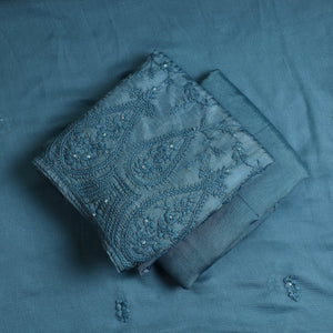 Blue - 3pc Hand Embroidery Dupion Silk Phulkari Dress Material 19