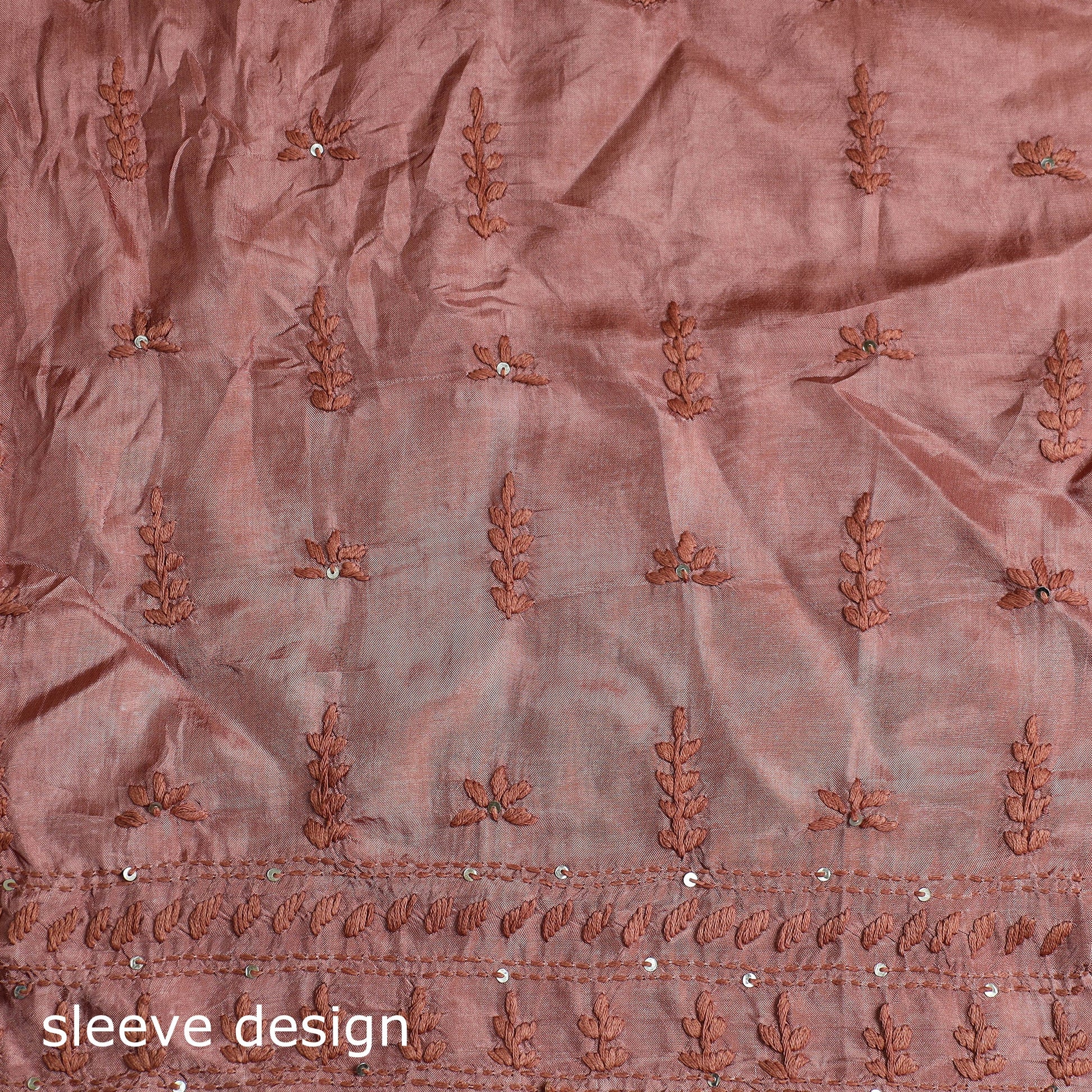 Brown - 3pc Hand Embroidery Dupion Silk Phulkari Dress Material 25