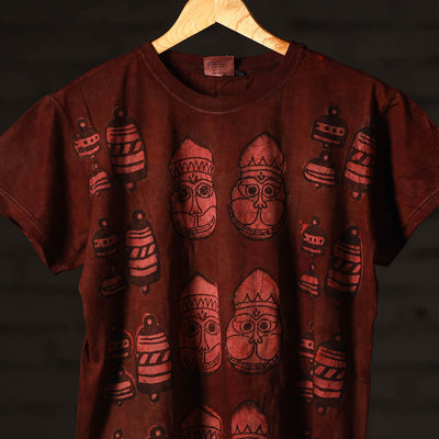 Brown - Maroon - Bindaas Block Art Prints Natural Dyed Cotton Round Neck T-shirt