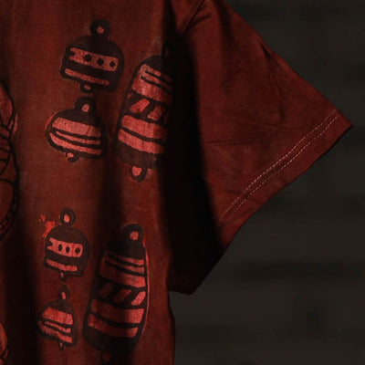 Brown - Maroon - Bindaas Block Art Prints Natural Dyed Cotton Round Neck T-shirt