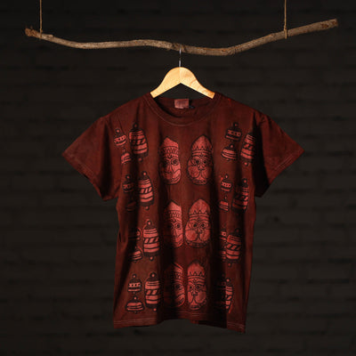 Brown - Maroon - Bindaas Block Art Prints Natural Dyed Cotton Round Neck T-shirt
