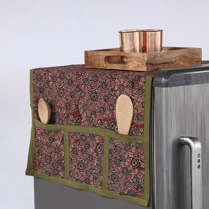 Brown - Ajrakh Block Printed Cotton Fridge Top Cover with Multiple Pockets
