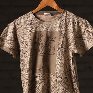 Beige - Brown - Bindaas Natural Dyed Art Block Print Round Neck T-shirt in Pure Cotton