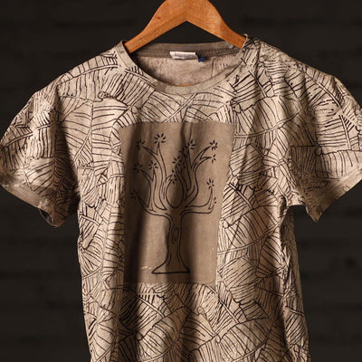 Beige - Brown - Bindaas Natural Dyed Art Block Print Round Neck T-shirt in Pure Cotton
