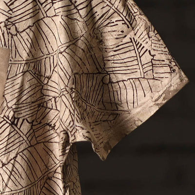 Beige - Brown - Bindaas Natural Dyed Art Block Print Round Neck T-shirt in Pure Cotton