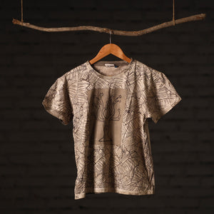 Beige - Brown - Bindaas Natural Dyed Art Block Print Round Neck T-shirt in Pure Cotton