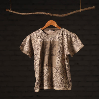 Beige - Brown - Bindaas Natural Dyed Art Block Print Round Neck T-shirt in Pure Cotton
