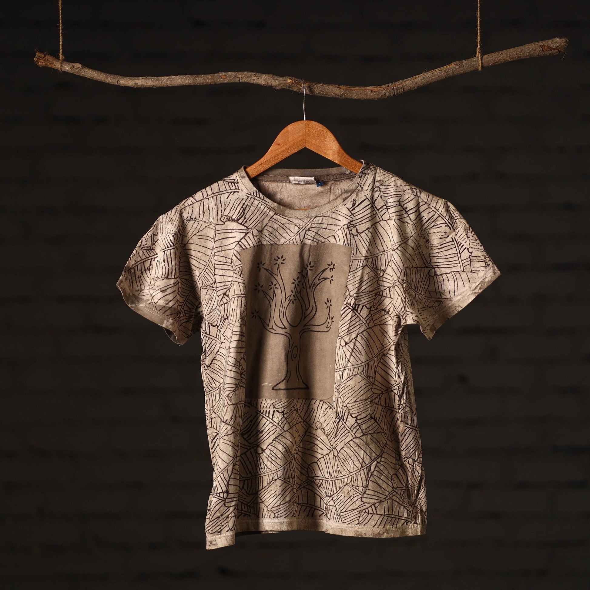 Beige - Brown - Bindaas Natural Dyed Art Block Print Round Neck T-shirt in Pure Cotton
