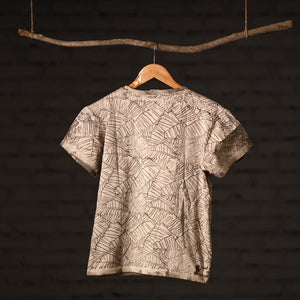 Beige - Brown - Bindaas Natural Dyed Art Block Print Round Neck T-shirt in Pure Cotton